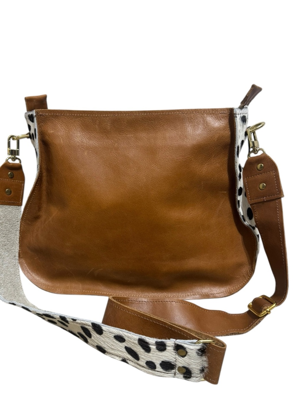 Handmade Genuine Leather Cow Hair Crossbody Bag Cognac $201 Retail NWT - Picture 2 of 16